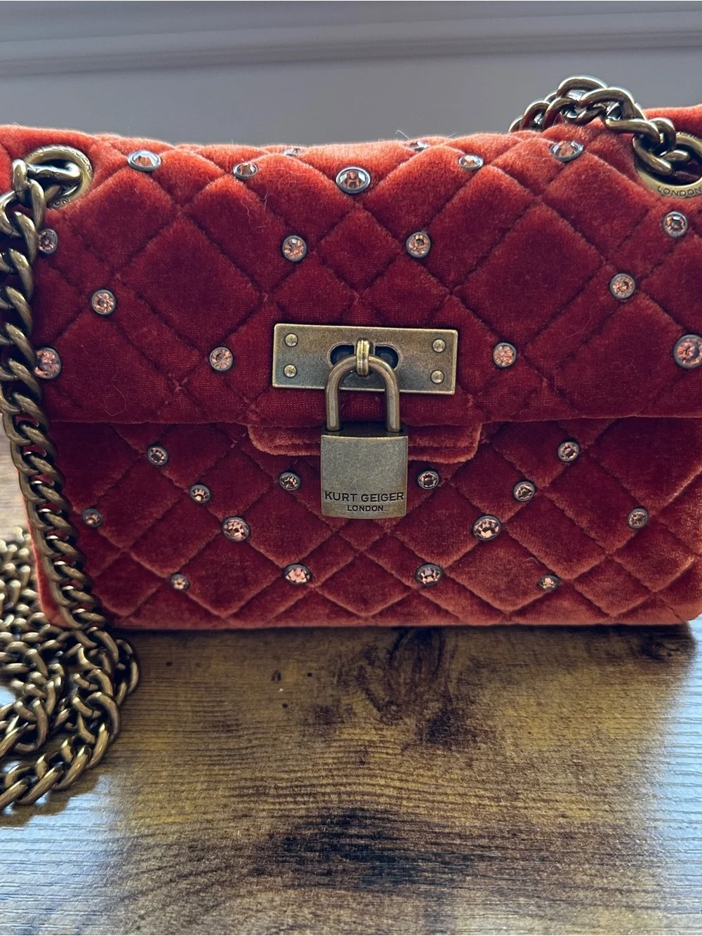 Kurt Geiger‎ Crossbody Bag Orange Velvet Mini Brixton Quilted Studded Luxury